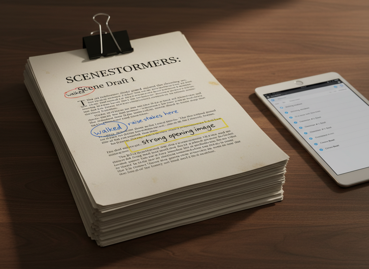 A close-up, photographic shot of a thick stack of printed manuscript pages clipped together, the top page boldly titled “SCENESTORMERS: Scene Draft 1.” Sentences are marked with precise, colored annotations in the margins: circled words labeled “weak verb,” arrows noting “raise stakes here,” and a box around a line tagged “strong opening image.” The paper edges show slight wear, hinting at multiple revisions. The stack rests on a dark walnut table, beside a slim tablet displaying a digital outline with bullet points for scene beats. Soft, side lighting from a nearby lamp creates gentle shadows between the pages, enhancing depth and texture. The mood is focused and professional, composed with a rule-of-thirds framing that emphasizes revision as central to the craft.