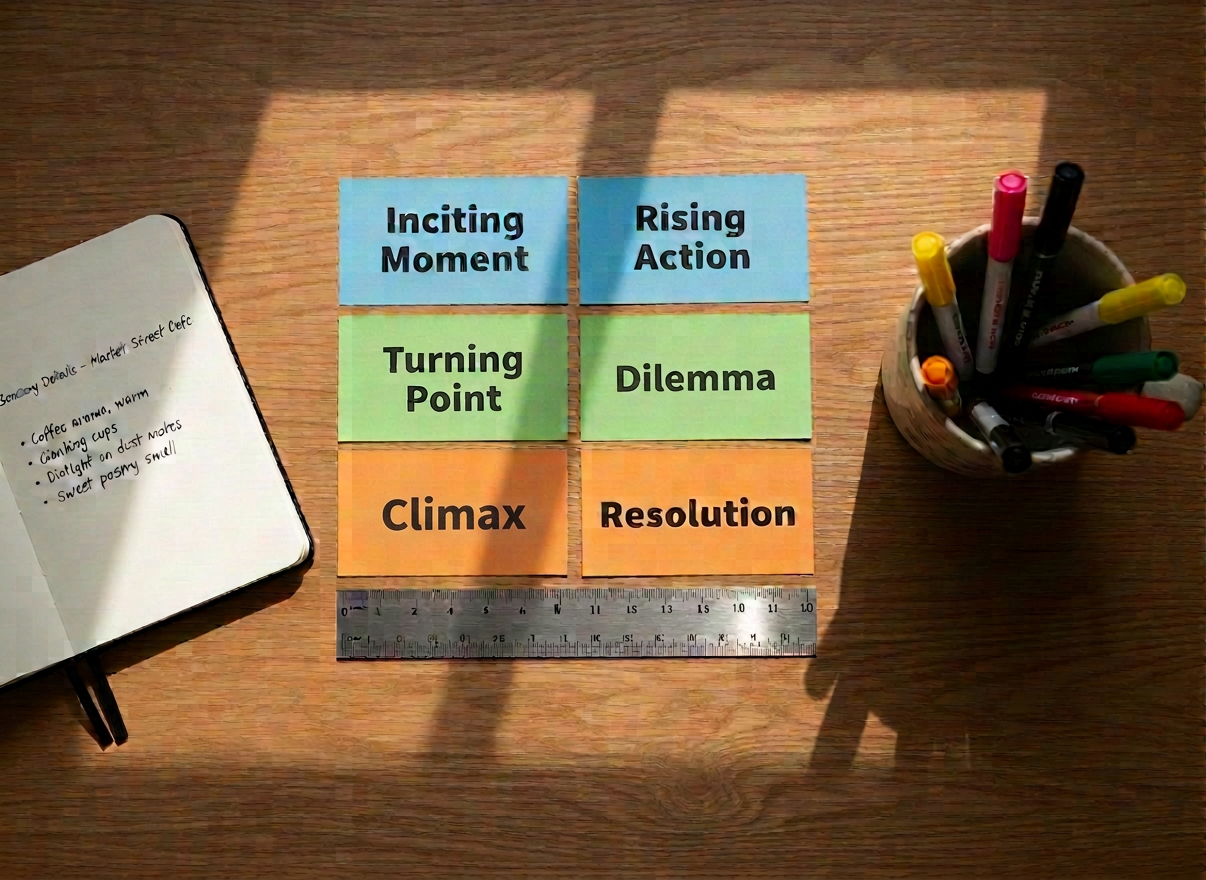 An overhead, photographic view of a meticulously arranged scene-planning workspace on a smooth oak tabletop. Color-coded index cards are laid out in a clear grid, each card titled with bold black ink headers like “Inciting Moment,” “Reversal,” and “Cliffhanger.” A small, open notebook shows a neatly written list of sensory details for setting, while a thin metal ruler aligns the cards in straight rows. A cup of uncapped highlighters and fine-tip pens rests at the edge of the frame. Soft morning daylight from the top of the image casts gentle, diagonal shadows, creating a sense of order and calm energy. The composition is clean and modern, with sharp focus across the entire scene, evoking an organized, methodical approach to building powerful fiction scenes.